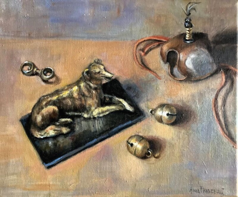 Štúdia - kov na sokoliarskych pomôckach a soške chrta